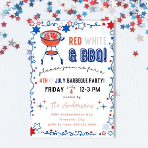 Sjabloon 4 juli BBQ-feestuitnodiging, Fourth Of July rood wit en blauw, bewerkbare viering van de onafhankelijkheidsdag uitnodigen, vriendenbarbecue.