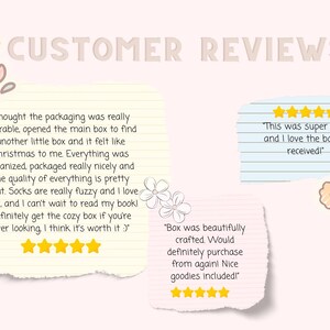 May include: A light pink background with the words "CUSTOMER REVIEWS" in a light brown font. The image contains customer reviews in handwritten font, with star ratings and floral illustrations.