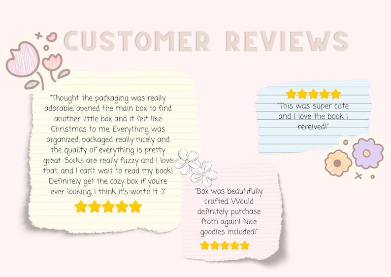 May include: A light pink background with the words "CUSTOMER REVIEWS" in a light brown font. The image contains customer reviews in handwritten font, with star ratings and floral illustrations.