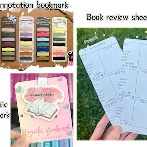 May include: Collection of stationery items for book lovers. Includes annotation bookmarks with color-coded labels, a magnetic bookmark with a book illustration, and book review sheets with rating sections.