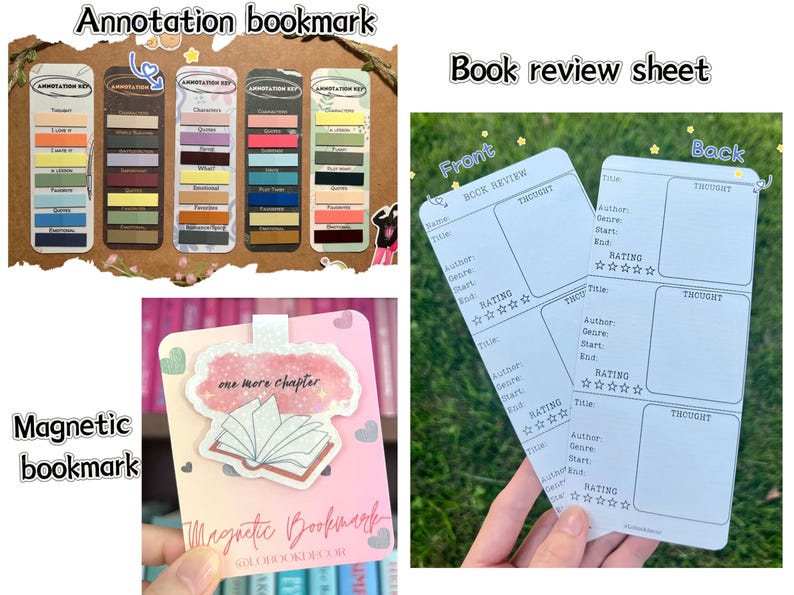 May include: Collection of stationery items for book lovers. Includes annotation bookmarks with color-coded labels, a magnetic bookmark with a book illustration, and book review sheets with rating sections.