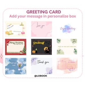 May include: A collection of greeting cards with various designs and messages. The cards include themes for birthdays, love, Christmas, Halloween, and get well wishes. Each card has space for a personalized message.
