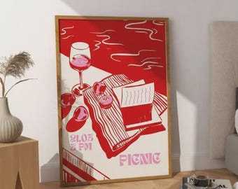 Impresión de arte mural de picnic moderno / Rojo y rosa (Descarga digital)