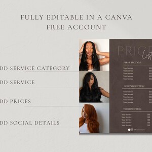 A dark brown instructional slide showing three editable features including service category, prices, and social details with a woman with long dark hair beside the template representing how easily a hair salon owner, nail tech, lash tech, and esthetician can customise every element of the luxury dark brown price list template inside a free Canva account