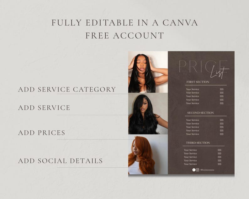 A dark brown instructional slide showing three editable features including service category, prices, and social details with a woman with long dark hair beside the template representing how easily a hair salon owner, nail tech, lash tech, and esthetician can customise every element of the luxury dark brown price list template inside a free Canva account