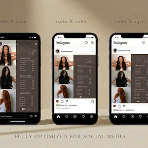 Three smartphone screens showing the dark brown luxury price list template displayed on Instagram feed posts representing how the luxury hair salon service menu template is fully optimized for social media giving hair salon owner, nail tech, lash tech, and esthetician a ready to post digital price list for Instagram and all social platforms