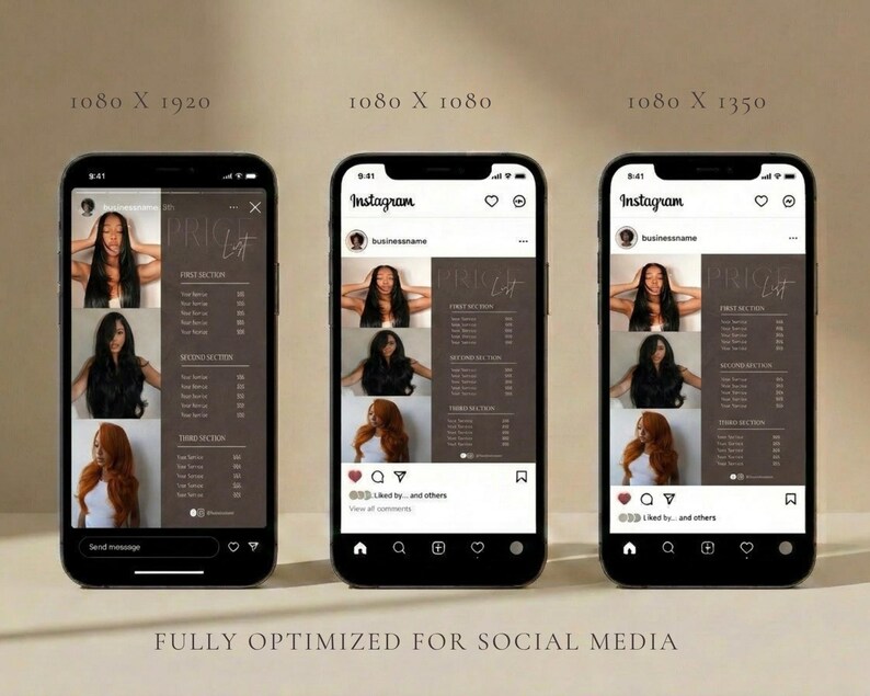 Three smartphone screens showing the dark brown luxury price list template displayed on Instagram feed posts representing how the luxury hair salon service menu template is fully optimized for social media giving hair salon owner, nail tech, lash tech, and esthetician a ready to post digital price list for Instagram and all social platforms