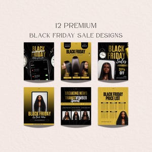 Szablon ulotki z wyprzedażą włosów i peruk na Czarny Piątek | Ulotki Canva z wyprzedażą wiązek włosów i peruk | Marketing firm fryzjerskich na Czarny Piątek