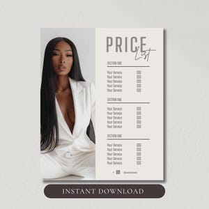 May include: A digital price list template featuring a photograph of a person in a white blazer on the left and a text layout on the right. The text includes the heading PRICE LIST, three sections labeled SECTION ONE, and placeholders for services.