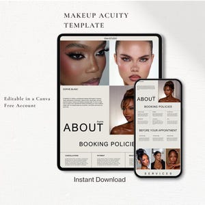 May include: A digital makeup Acuity template displayed on a tablet and smartphone screen. The layout features professional photography of individuals with makeup, text sections labeled About, Booking Policies, and Services, with a neutral color palette.