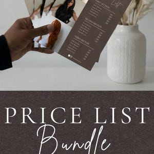A bold dark brown lifestyle flat lay showing the luxury price list bundle cover featuring large elegant Price List Bundle script text overlaid on a rich dark brown background with a woman with long dark hair representing the complete dark brown luxury hair salon price list bundle available as a Canva digital download for beauty professional, nail tech, lash tech, and esthetician
