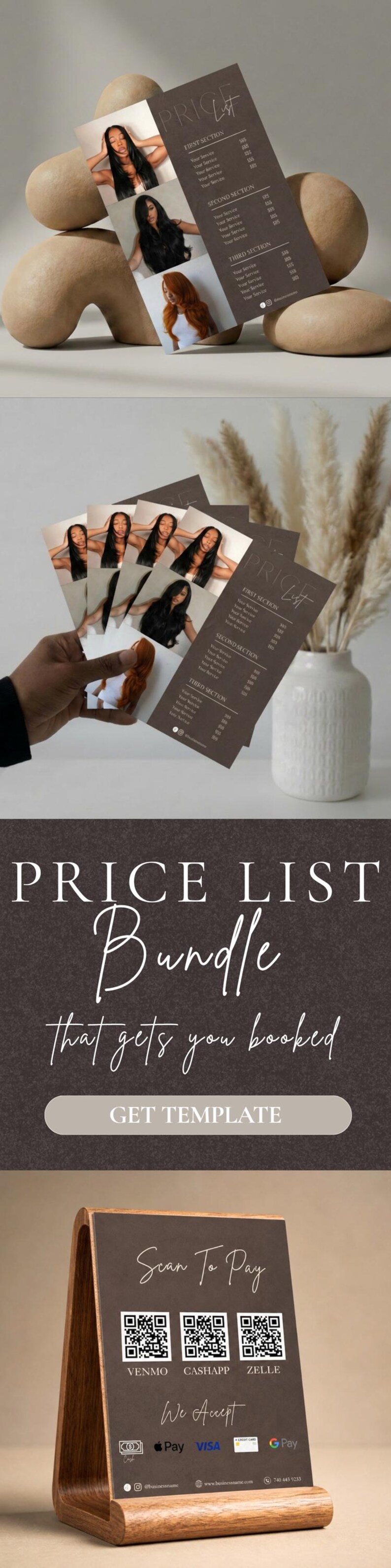 A bold dark brown lifestyle flat lay showing the luxury price list bundle cover featuring large elegant Price List Bundle script text overlaid on a rich dark brown background with a woman with long dark hair representing the complete dark brown luxury hair salon price list bundle available as a Canva digital download for beauty professional, nail tech, lash tech, and esthetician