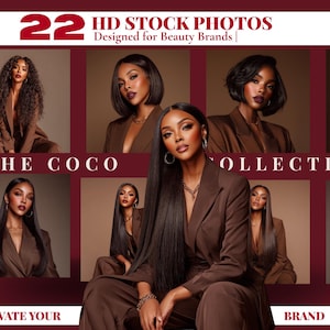 Puede incluir: Imagen promocional con 22 fotos de stock HD diseñadas para marcas de belleza. La colección Coco presenta a mujeres con trajes marrones y varios peinados. El texto "Elevate Your Brand" es visible.