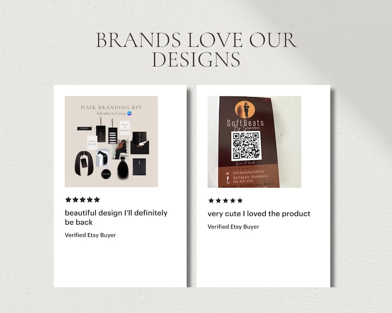 A warm cream slide showing multiple five star review cards from beauty brands praising the dark brown luxury price list template and scan to pay bundle for its professional design quality, ease of customisation in Canva, and premium editorial aesthetic for hair salon owner, wig seller, nail tech, lash tech, and esthetician