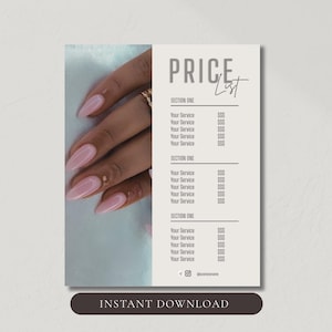 May include: A vertical price list template featuring a light gray background with a left-side panel displaying a photograph of manicured fingernails painted in a light pink shade. The text includes the heading PRICE LIST and three sections.
