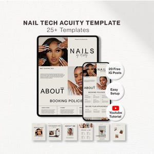 May include: A digital marketing template set for nail technicians featuring a tablet and smartphone display. The design includes beige backgrounds, black text, and photographic portraits. Text includes NAILS BY ASHLEY, ABOUT, BOOKING POLICIES, 20 Free IG Posts, Easy Setup, and Youtube Tutorial.