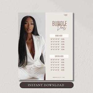 Peut inclure: Un dépliant numérique montrant une personne aux longs cheveux noirs portant un blazer blanc. Le texte indique BUNDLE DEALS, RAW HAIR, VIRGIN HAIR, et liste des longueurs en pouces avec des prix en dollars. Le bas affiche INSTANT DOWNLOAD.