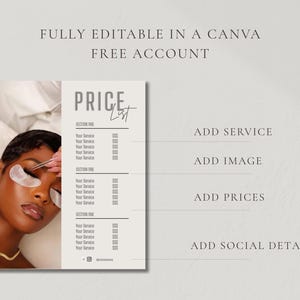 Neutral checklist slide showing five editable features including text and colour, background colours, fonts, own images or graphics, and unlimited edits and downloads