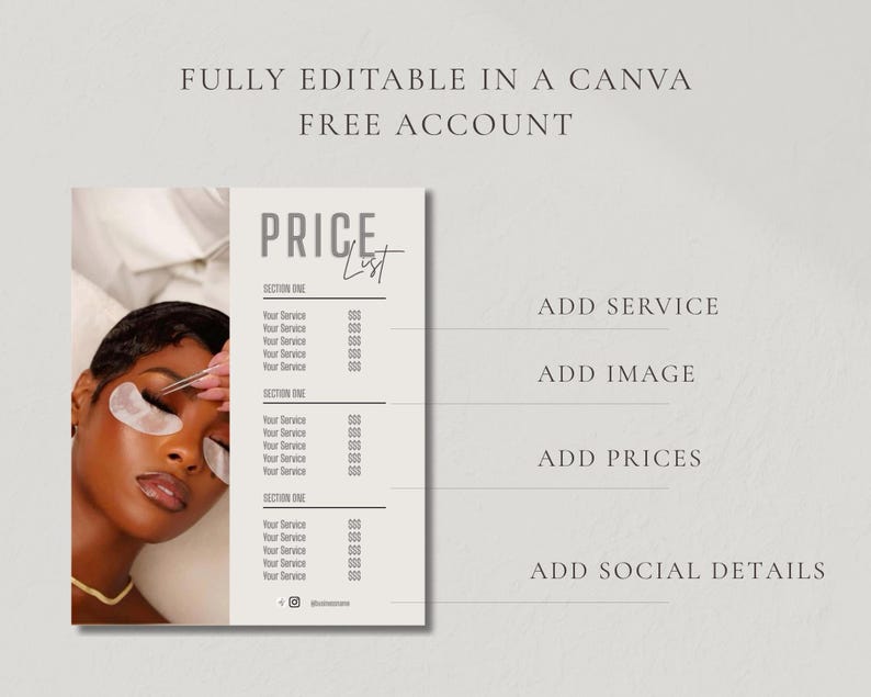 Neutral checklist slide showing five editable features including text and colour, background colours, fonts, own images or graphics, and unlimited edits and downloads