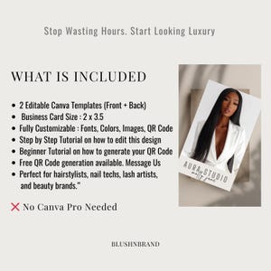 May include: A promotional image with text that reads "Stop Wasting Hours. Start Looking Luxury." The image includes a list of features for a business card template, including Canva templates, QR code generation, and customization options. A photo of a woman in a white blazer is also included.