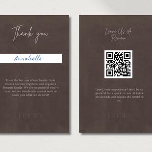 A   brown slide showing the front of the luxury thank you card featuring elegant Thank You script alongside a woman with long dark hair and the back showing a Scan It QR code panel with Annabelle branding representing how the personalized scan to pay thank you card looks when printed for hair salon owner, wig seller, nail tech, and lash tech