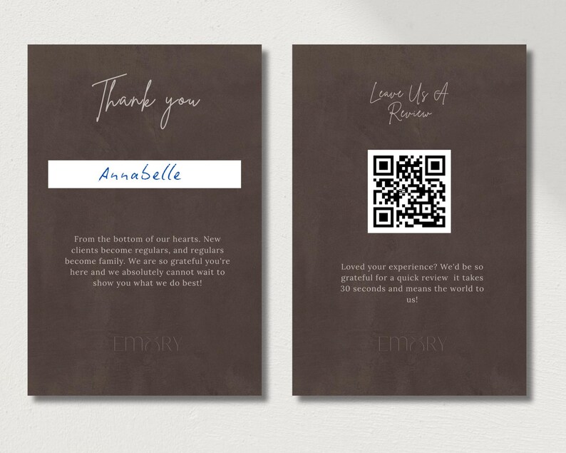 A   brown slide showing the front of the luxury thank you card featuring elegant Thank You script alongside a woman with long dark hair and the back showing a Scan It QR code panel with Annabelle branding representing how the personalized scan to pay thank you card looks when printed for hair salon owner, wig seller, nail tech, and lash tech