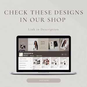 A warm neutral slide showing a laptop screen displaying the vozeastudio Etsy shop with dark brown luxury price list templates and beauty branding products visible in the search results inviting hair salon owner, wig seller, nail tech, lash tech, and esthetician to explore more luxury Canva templates and special deals service menu designs available in the full shop