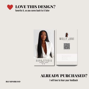 May include: A business card design featuring a woman in a white blazer. The card includes the text "MOLLY JANE" and a QR code. The design also includes the text "LOVE THIS DESIGN? favorite it, so you come back to it later" and "ALREADY PURCHASED? I will love to hear your feedback."