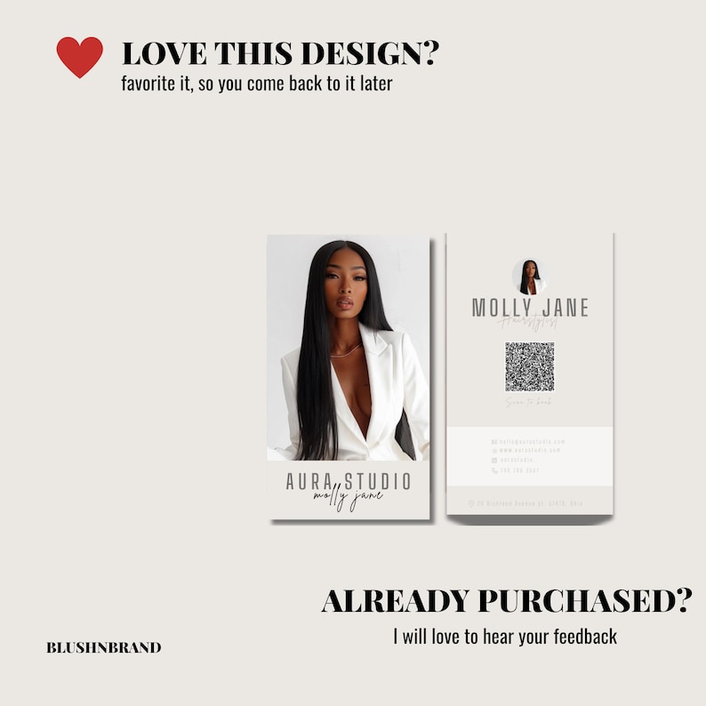 May include: A business card design featuring a woman in a white blazer. The card includes the text "MOLLY JANE" and a QR code. The design also includes the text "LOVE THIS DESIGN? favorite it, so you come back to it later" and "ALREADY PURCHASED? I will love to hear your feedback."