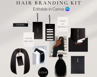 Luxury Hair Branding Kit Wig Business Packaging Template Black and White Canva Thank You Card Tag Haircare label design Digital Download