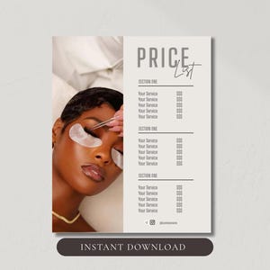 May include: A digital price list template featuring a photograph of a person receiving an eyelash treatment with white under-eye patches. The text includes the heading PRICE LIST, SECTION ONE, Your Service, and placeholders for social media handles.