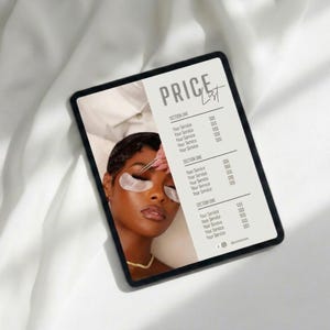 Black tablet on a soft neutral surface displaying the beige lash price list template with editorial lash extension close-up photo and three service pricing sections; editable lash beauty service menu flyer for e