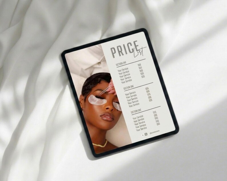 Black tablet on a soft neutral surface displaying the beige lash price list template with editorial lash extension close-up photo and three service pricing sections; editable lash beauty service menu flyer for e
