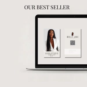 May include: A laptop screen displays a business card design. The card features a headshot of a woman in a white blazer, with the text "AURA STUDIO molly jane." The second card has the text "MOLLY JANE" and a QR code.