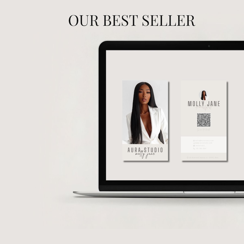 May include: A laptop screen displays a business card design. The card features a headshot of a woman in a white blazer, with the text "AURA STUDIO molly jane." The second card has the text "MOLLY JANE" and a QR code.