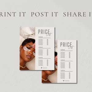 Lifestyle shot of the beige lash price list template displayed upright beside white florals and soft neutral tones with Look Expensive Get Booked overlay text;