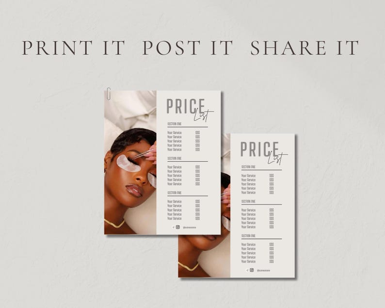 Lifestyle shot of the beige lash price list template displayed upright beside white florals and soft neutral tones with Look Expensive Get Booked overlay text;