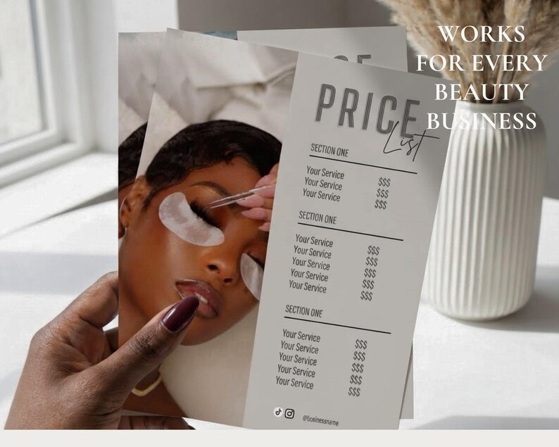Hand holding the beige lash price list template sheet showing the editorial lash extension close-up photo and three service pricing sections beside a marble column; editable Canva lash beauty service menu flyer for extension volume classic hybrid appointment sheet digital download.