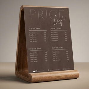 May include: A dark brown vertical price list sign held by a light-toned wooden stand. The sign features the text PRICE LIST at the top, followed by columns labeled SERVICE NAME with placeholders for services and prices, and contact icons at the bottom.