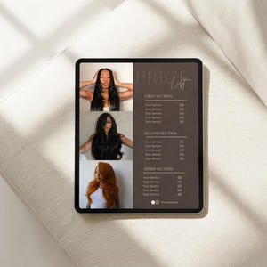 A warm neutral lifestyle shot showing the dark brown luxury price list template displayed on a tablet screen held by a woman with long dark hair representing how the luxury hair salon service menu looks as a digital display giving nail tech, lash tech, esthetician, and beauty professional a sleek modern way to show clients their special deals service menu and pricing on screen