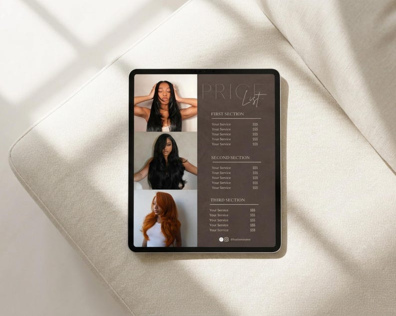 A warm neutral lifestyle shot showing the dark brown luxury price list template displayed on a tablet screen held by a woman with long dark hair representing how the luxury hair salon service menu looks as a digital display giving nail tech, lash tech, esthetician, and beauty professional a sleek modern way to show clients their special deals service menu and pricing on screen