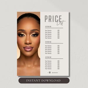 Pode incluir: Um modelo de lista de preços retangular com o retrato de uma pessoa de cabelos escuros e maquiagem à esquerda. O lado direito contém o texto PRICE LIST, três seções rotuladas como SECTION ONE, espaços para serviços e um ícone de rede social.