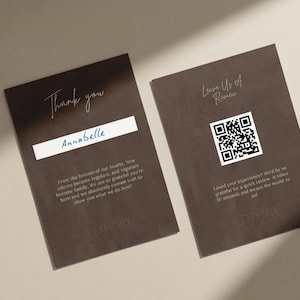 A dark brown flat lay showing the luxury thank you card and price list template laid side by side on a neutral surface representing how the complete dark brown luxury price list bundle looks together giving hair salon owner, wig seller, extension brand, and beauty professional a cohesive premium packaging and service menu system