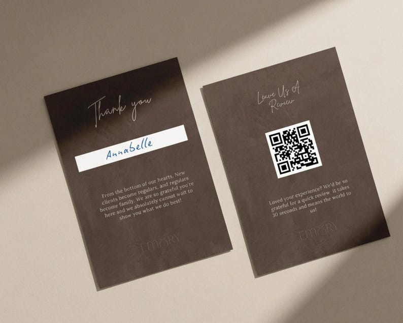 A dark brown flat lay showing the luxury thank you card and price list template laid side by side on a neutral surface representing how the complete dark brown luxury price list bundle looks together giving hair salon owner, wig seller, extension brand, and beauty professional a cohesive premium packaging and service menu system