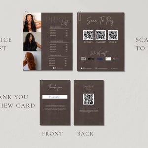 A dark brown slide showing both the front and back of a luxury thank you card with a scan to pay QR code panel the front featuring elegant script text and a woman with long dark hair and the back featuring a review card representing the personalized thank you card included with the luxury price list bundle for hair salon owner and beauty professional