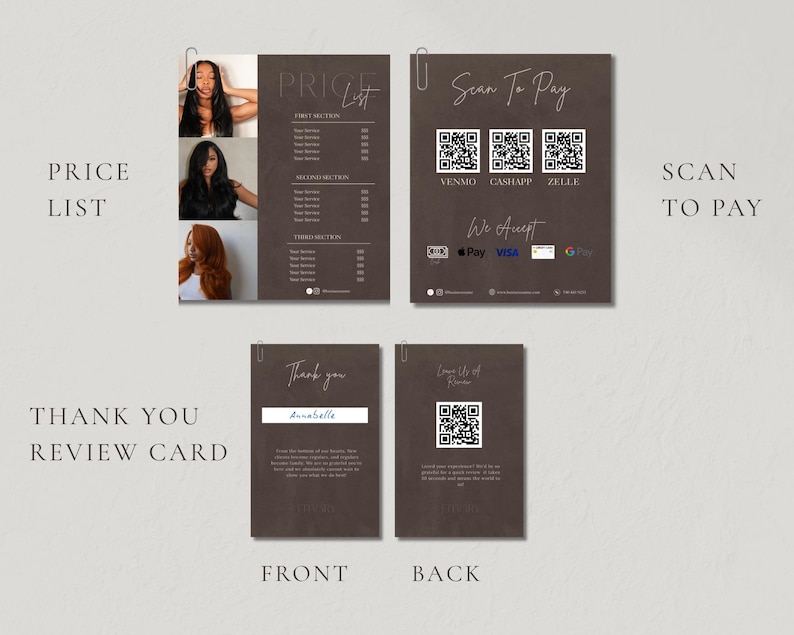 A dark brown slide showing both the front and back of a luxury thank you card with a scan to pay QR code panel the front featuring elegant script text and a woman with long dark hair and the back featuring a review card representing the personalized thank you card included with the luxury price list bundle for hair salon owner and beauty professional