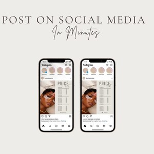 Two smartphone screens displaying the beige lash price list template on Instagram feed and story formats with Post On Social Media In Minutes overlay text