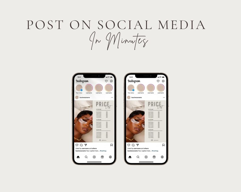 Two smartphone screens displaying the beige lash price list template on Instagram feed and story formats with Post On Social Media In Minutes overlay text