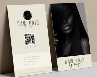 Raw Hair Business Card Template QR Code Personalized Hairdresser Wig Brand Makeup Artist Extension Beauty Marketing Canva Digital Download