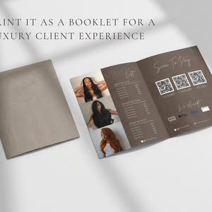 A warm neutral lifestyle flat lay showing the dark brown luxury price list template folded and displayed as a booklet alongside a woman with long dark hair representing how the luxury hair salon service menu can be used as a premium client booklet giving wig seller, extension brand, and esthetician a high end client experience tool